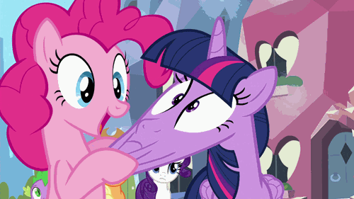 Size: 500x281 | Tagged: safe, screencap, character:applejack, character:pinkie pie, character:rarity, character:spike, character:twilight sparkle, character:twilight sparkle (alicorn), species:alicorn, species:pony, episode:twilight's kingdom, g4, my little pony: friendship is magic, animated, cartoon physics, face pull, gif, ouch, pain, stretchy, why the long face