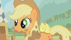 Size: 1280x720 | Tagged: safe, screencap, character:applejack, species:bird, species:chicken, species:earth pony, species:pony, episode:fall weather friends, g4, my little pony: friendship is magic, applejack's hat, clothing, cowboy hat, cute, female, hat, jackabetes, mare, mud, muddy, smiling, solo