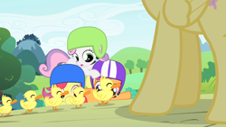 Size: 1280x720 | Tagged: safe, screencap, character:apple bloom, character:fluttershy, character:scootaloo, character:sweetie belle, species:duck, species:pegasus, species:pony, episode:the cutie mark chronicles, g4, my little pony: friendship is magic, cutie mark crusaders