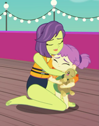 Size: 567x725 | Tagged: safe, screencap, character:victoria, equestria girls:spring breakdown, g4, my little pony:equestria girls, clothing, cropped, cute, dawwww, eyes closed, feet, female, hug, lifejacket, mother and daughter, plushie, sweet dreams fuel, swimsuit, toddler, turtle, victoria, water lily (equestria girls)