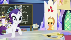 Size: 1920x1080 | Tagged: safe, screencap, character:applejack, character:rarity, species:earth pony, species:pony, species:unicorn, episode:sparkle's seven, g4, my little pony: friendship is magic, book, chalkboard, friendship throne, magnifying glass
