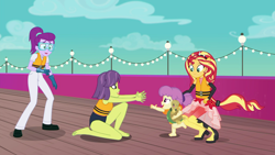 Size: 1920x1080 | Tagged: safe, screencap, character:sunset shimmer, character:victoria, equestria girls:spring breakdown, g4, my little pony:equestria girls, clothing, female, mother and daughter, ponied up, swimsuit, toddler, victoria, water lily (equestria girls)