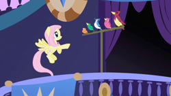 Size: 1280x720 | Tagged: safe, screencap, character:constance, character:fluttershy, species:bird, species:pegasus, species:pony, episode:friendship is magic, g4, my little pony: friendship is magic, blue jay, female, flying, mare, perch