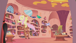 Size: 1280x720 | Tagged: safe, screencap, character:fluttershy, species:bird, species:pony, episode:the ticket master, g4, my little pony: friendship is magic, golden oaks library, squirrel