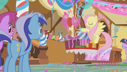 Size: 1280x720 | Tagged: safe, screencap, character:berry punch, character:berryshine, character:constance, character:fluttershy, character:minuette, character:twilight sparkle, character:twilight sparkle (unicorn), species:bird, species:earth pony, species:pegasus, species:pony, species:unicorn, episode:griffon the brush-off, background pony, balloon, blue jay, cardinal, confetti, eyes closed, female, flying, heart balloon, mare, plot, present, singing, songibird, sugarcube corner