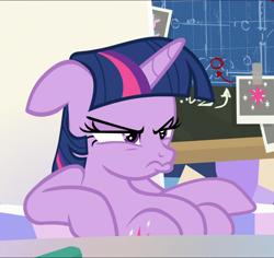 Size: 1040x983 | Tagged: safe, screencap, character:twilight sparkle, character:twilight sparkle (alicorn), species:alicorn, species:pony, episode:sparkle's seven, g4, my little pony: friendship is magic, belly, chalkboard, cropped, cute, duckface, floppy ears, friendship throne, grumpy, grumpy twilight, madorable, narrowed eyes, pouting, sitting, slouching, solo, twiabetes