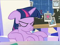 Size: 1323x983 | Tagged: safe, screencap, character:twilight sparkle, character:twilight sparkle (alicorn), species:alicorn, species:pony, episode:sparkle's seven, g4, my little pony: friendship is magic, chalkboard, cropped, duckface, eyes closed, floppy ears, friendship throne, grumpy, grumpy twilight, madorable, pouting, sitting, slouching, solo