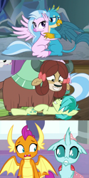 Size: 679x1359 | Tagged: safe, screencap, character:gallus, character:ocellus, character:sandbar, character:silverstream, character:smolder, character:sweetie belle, character:yona, species:changedling, species:changeling, species:classical hippogriff, species:dragon, species:earth pony, species:griffon, species:hippogriff, species:pony, species:reformed changeling, species:yak, episode:school raze, episode:what lies beneath, g4, my little pony: friendship is magic, bow, cave, cloven hooves, colored hooves, cute, diaocelles, diastreamies, dragoness, duo, duo focus, female, gallabetes, glomp, hair bow, hilarious in hindsight, hug, implied gallstream, implied lesbian, implied smolcellus, implied straight, implied yonabar, jewelry, looking at each other, male, monkey swings, necklace, nervous, nightmare cave, not sure if want, sandabetes, shipping denied, shipping fuel, smiling, smolderbetes, student six, teenager, yonadorable