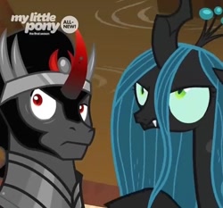 Size: 640x597 | Tagged: safe, screencap, character:king sombra, character:queen chrysalis, species:changeling, episode:the beginning of the end, g4, my little pony: friendship is magic, changeling queen, confused, cropped, cute, cutealis, duo, fangs, female, male, sombradorable