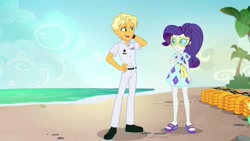 Size: 1920x1080 | Tagged: safe, screencap, character:ragamuffin, character:rarity, equestria girls:spring breakdown, g4, my little pony:equestria girls, arm behind head, beach, clothing, feet, female, glasses, legs, lifejacket, male, open-toed shoes, pants, ponytail, ragamuffin (equestria girls), shoes