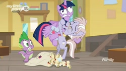 Size: 1673x942 | Tagged: safe, screencap, character:dusty pages, character:spike, character:twilight sparkle, character:twilight sparkle (alicorn), species:alicorn, species:dragon, species:pony, episode:the point of no return, g4, my little pony: friendship is magic, bearhug, better her than me, claws, derp, disturbed, faec, female, folded wings, hug, letter, long time no see, mailbag, mare, scroll, squeezing, strong, trio, winged spike, wings