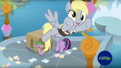 Size: 1636x913 | Tagged: safe, screencap, character:derpy hooves, character:spike, character:twilight sparkle, character:twilight sparkle (alicorn), species:alicorn, species:dragon, species:pony, episode:the point of no return, g4, my little pony: friendship is magic, box, cute, derpabetes, letter, mail, school of friendship, water, waterfall, winged spike