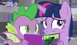 Size: 1163x693 | Tagged: safe, screencap, character:mane-iac, character:spike, character:twilight sparkle, character:twilight sparkle (alicorn), species:alicorn, species:dragon, species:pony, episode:the point of no return, g4, my little pony: friendship is magic, bookshelf, library, nervous, power ponies comic, winged spike