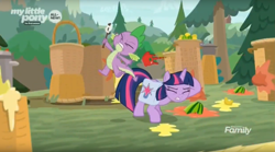 Size: 1636x912 | Tagged: safe, screencap, character:spike, character:twilight sparkle, character:twilight sparkle (alicorn), species:alicorn, species:dragon, species:pony, episode:the point of no return, g4, my little pony: friendship is magic, food, saddle bag, tomato, watermelon, white flag, winged spike