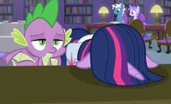Size: 1092x665 | Tagged: safe, screencap, character:pokey pierce, character:sea swirl, character:spike, character:twilight sparkle, character:twilight sparkle (alicorn), species:alicorn, species:dragon, species:pony, episode:the point of no return, g4, my little pony: friendship is magic, annoyed, bookshelf, chair, duo focus, facedesk, female, floppy ears, frustrated, headdesk, lamp, library, male, mare, saddle bag, stallion, tired, winged spike