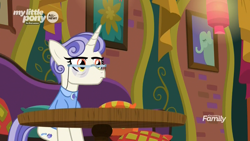 Size: 1920x1080 | Tagged: safe, screencap, species:pony, species:unicorn, episode:the point of no return, g4, my little pony: friendship is magic, brooch, clothing, discovery family logo, female, first folio, glasses, mare, shirt, sitting, table, the tasty treat
