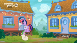Size: 1920x1080 | Tagged: safe, screencap, character:rainbow stars, character:spike, character:twilight sparkle, character:twilight sparkle (alicorn), species:alicorn, species:dragon, species:pony, episode:the point of no return, g4, my little pony: friendship is magic, discovery family logo, female, house, mailbag, mare, saddle bag