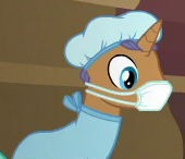 Size: 170x146 | Tagged: safe, screencap, species:pony, species:unicorn, episode:where the apple lies, g4, my little pony: friendship is magic, background pony, clothing, cropped, deep study, face mask, hair net, male, scrubs (gear), solo, stallion, surgical mask