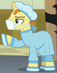 Size: 533x680 | Tagged: safe, screencap, species:pony, species:unicorn, episode:where the apple lies, g4, my little pony: friendship is magic, background pony, clothing, cropped, doctor, extra care, face mask, hair net, male, raised hoof, scrubs (gear), solo, stallion, surgical mask