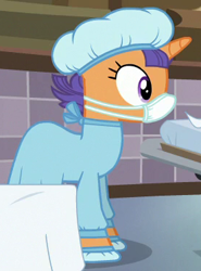 Size: 277x375 | Tagged: safe, screencap, character:tender care, species:pony, species:unicorn, episode:where the apple lies, g4, my little pony: friendship is magic, background pony, clothing, cropped, face mask, female, hair net, mare, scrubs (gear), solo, surgical mask