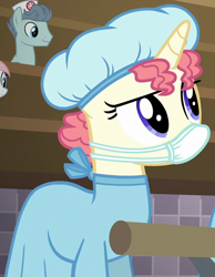Size: 616x795 | Tagged: safe, screencap, species:pony, species:unicorn, episode:where the apple lies, g4, my little pony: friendship is magic, background pony, clothing, cropped, face mask, female, hair net, mare, ratchet (character), scrubs (gear), solo focus, surgical mask