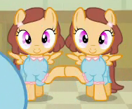 Size: 188x155 | Tagged: safe, screencap, species:pegasus, species:pony, episode:where the apple lies, g4, my little pony: friendship is magic, background pony, cropped, duo, female, filly, foal, ponified, reference, siblings, sisters, the grady girls, the shining, touching hooves, twins, unnamed pony