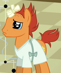 Size: 404x486 | Tagged: safe, screencap, species:pony, species:unicorn, episode:where the apple lies, g4, my little pony: friendship is magic, background pony, bandaged horn, broken horn, cropped, falling star (character), hooves, horn, hospital gown, male, sad, solo, stallion