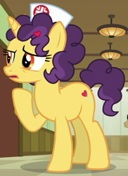 Size: 524x720 | Tagged: safe, screencap, character:lolli love, character:nurse heartstick, species:pony, species:unicorn, episode:where the apple lies, g4, my little pony: friendship is magic, background pony, clothing, cropped, female, hat, mare, nurse, raised hoof, solo