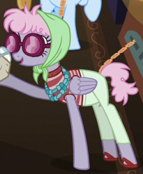 Size: 380x464 | Tagged: safe, screencap, character:pacifica, species:pegasus, species:pony, episode:viva las pegasus, g4, my little pony: friendship is magic, background pony, clothing, cropped, female, headscarf, mare, pants, raised hoof, scarf, solo focus, sunglasses
