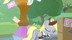 Size: 1920x1080 | Tagged: safe, screencap, character:derpy hooves, species:pegasus, species:pony, episode:the point of no return, g4, my little pony: friendship is magic, box, clothing, eyes closed, female, hat, letter, mail, mailmare hat, mare, package, shirt, solo