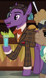 Size: 275x460 | Tagged: safe, screencap, species:earth pony, species:pony, episode:dungeons & discords, background pony, bow tie, clothing, cropped, drinking glass, facial hair, hoof hold, jacket, lanky, male, moustache, pencil moustache, solo focus, stallion, unnamed pony