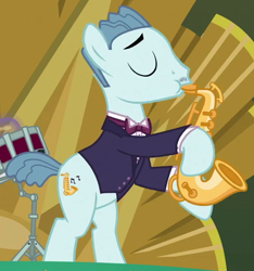 Size: 532x569 | Tagged: safe, screencap, species:earth pony, species:pony, episode:dungeons & discords, background pony, bipedal, clothing, cropped, drums, eyes closed, male, musical instrument, playing instrument, saxophone, shirt, solo, stallion, unnamed pony