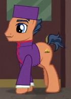 Size: 140x193 | Tagged: safe, screencap, species:earth pony, species:pony, episode:stranger than fanfiction, background pony, bellhop, clothing, cropped, hat, male, solo, stallion, uniform, unnamed pony