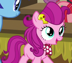 Size: 614x537 | Tagged: safe, screencap, character:strawberry parchment, species:earth pony, species:pony, episode:stranger than fanfiction, background pony, clothing, cropped, female, filly, mare, scarf, solo focus