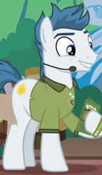Size: 484x830 | Tagged: safe, screencap, species:earth pony, species:pony, episode:stranger than fanfiction, background pony, clothing, cropped, dexterous hooves, hoof hold, male, salespony, shirt, solo, stallion, unnamed pony