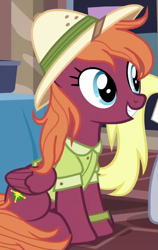Size: 413x653 | Tagged: safe, screencap, character:derpy hooves, species:pegasus, species:pony, episode:stranger than fanfiction, background pony, clothing, cropped, female, hat, mare, pith helmet, shirt, sitting, smiling, solo focus, sweet pepper