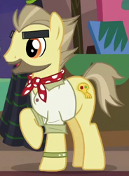 Size: 312x425 | Tagged: safe, screencap, character:doctor caballeron, species:earth pony, species:pony, episode:stranger than fanfiction, background pony, clothing, cosplay, costume, cropped, male, raised hoof, solo, stallion, stubble, thick eyebrows