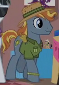 Size: 115x166 | Tagged: safe, screencap, species:earth pony, species:pony, episode:stranger than fanfiction, background pony, clothing, cropped, fake wings, hat, male, shirt, solo, stallion, unnamed pony