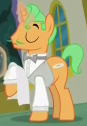 Size: 206x297 | Tagged: safe, screencap, species:pony, species:unicorn, episode:spice up your life, g4, my little pony: friendship is magic, background pony, bow tie, clothing, cropped, eyes closed, male, raised hoof, shirt, solo, stallion, unnamed pony, waiter
