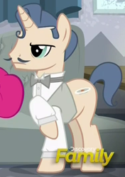 Size: 374x530 | Tagged: safe, screencap, species:pony, species:unicorn, episode:spice up your life, g4, my little pony: friendship is magic, background pony, bow tie, clothing, cropped, discovery family logo, facial hair, male, moustache, raised hoof, shirt, solo focus, stallion, unnamed pony, waiter