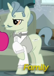 Size: 374x530 | Tagged: safe, screencap, species:pony, species:unicorn, episode:spice up your life, g4, my little pony: friendship is magic, background pony, bow tie, clothing, cropped, discovery family logo, facial hair, male, moustache, raised hoof, shirt, solo focus, stallion, unnamed pony, waiter