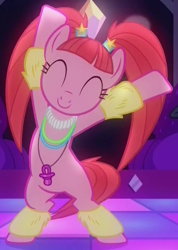 Size: 464x652 | Tagged: safe, screencap, character:pacific glow, species:earth pony, species:pony, episode:the saddle row review, g4, my little pony: friendship is magic, bipedal, cute, dancing, eyes closed, female, glowbetes, glowing necklace, leg warmers, mare, pacifier, pigtails, smiling, twintails