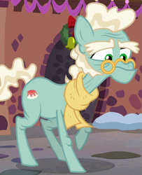 Size: 691x849 | Tagged: safe, screencap, species:earth pony, species:pony, episode:a hearth's warming tail, g4, my little pony: friendship is magic, background pony, clothing, cropped, elderly, figgy pudding (character), glasses, male, pince-nez, scarf, solo, stallion