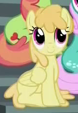 Size: 160x233 | Tagged: safe, screencap, character:toffee swirl, species:earth pony, species:pegasus, species:pony, episode:newbie dash, g4, my little pony: friendship is magic, background pony, cropped, female, mare, needs more jpeg, sitting, solo focus, unnamed pony