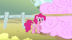 Size: 1280x720 | Tagged: safe, screencap, character:pinkie pie, species:earth pony, species:pony, episode:the return of harmony, g4, my little pony: friendship is magic, chocolate, chocolate milk, cloud, cotton candy, cotton candy cloud, cute, eating, female, food, happy, mare, milk, raised hoof, smiling, solo
