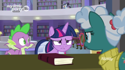 Size: 1366x768 | Tagged: safe, screencap, character:bellflower blurb, character:booksmart, character:spike, character:twilight sparkle, character:twilight sparkle (alicorn), species:alicorn, species:dragon, species:pony, episode:the point of no return, g4, my little pony: friendship is magic, book, bookshelf, glasses, librarian, library, saddle bag, winged spike