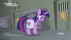 Size: 1366x768 | Tagged: safe, screencap, character:twilight sparkle, character:twilight sparkle (alicorn), species:alicorn, species:pony, episode:the point of no return, g4, my little pony: friendship is magic, basement, book, bookshelf, discovery family logo, jail, jail cell, library, sad, saddle bag
