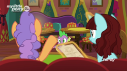 Size: 1366x768 | Tagged: safe, screencap, character:pretzel twist, character:say cheese, character:spike, species:dragon, species:pony, species:unicorn, episode:the point of no return, g4, my little pony: friendship is magic, carpet, couch, levitation, magic, menu, pillow, raised hoof, restaurant, table, telekinesis, the tasty treat, winged spike