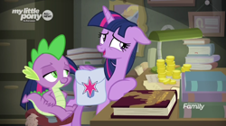Size: 1366x766 | Tagged: safe, screencap, character:spike, character:twilight sparkle, character:twilight sparkle (alicorn), species:alicorn, species:pony, episode:the point of no return, g4, my little pony: friendship is magic, bits, book, messy, money, nervous, saddle bag, sitting, stain, stool