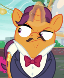 Size: 883x1080 | Tagged: safe, screencap, character:port wine, species:pony, species:unicorn, episode:the gift of the maud pie, g4, my little pony: friendship is magic, bow tie, cropped, facial hair, glowing horn, magic, magic aura, male, moustache, solo focus, stallion, telekinesis, waiter